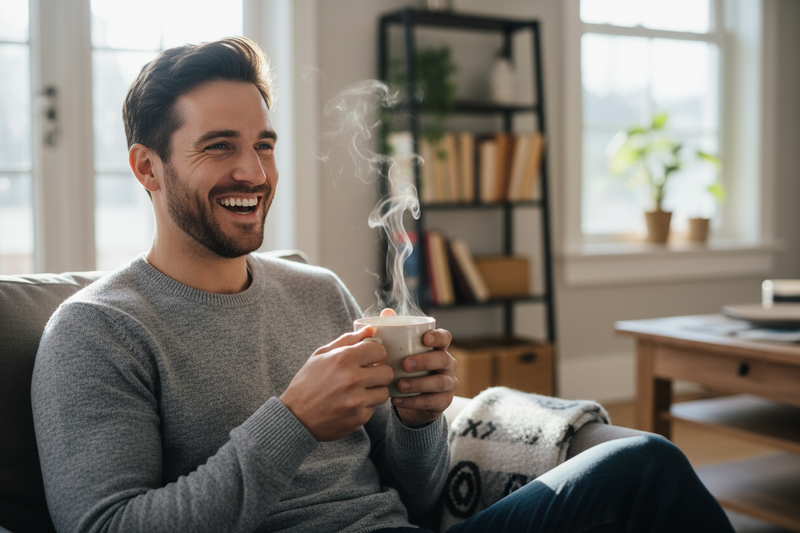happy man with coffeee