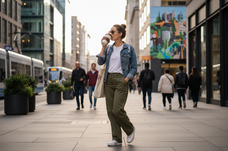 Woman walking through a city drinking coffee from a keep cup